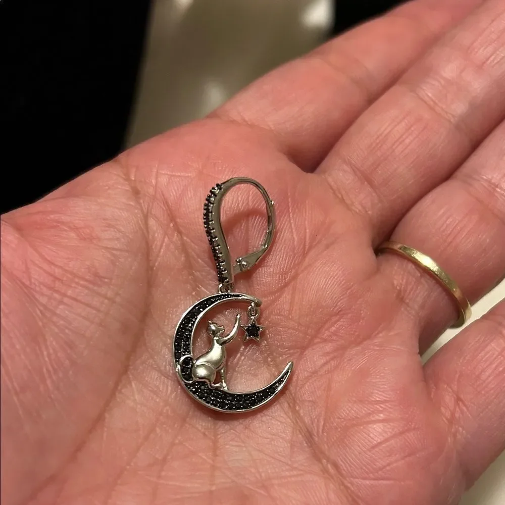 Sterling Silver 925 Cat and Moon Earrings